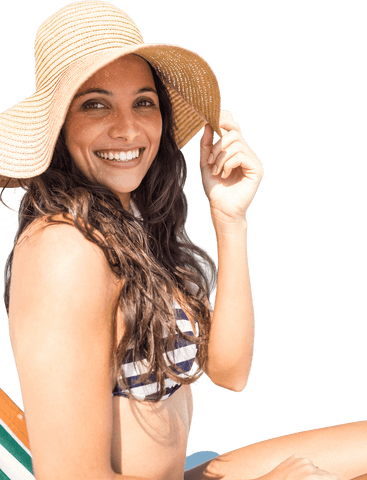 Smiling Woman in Bikini with Straw Hat on Transparent Background