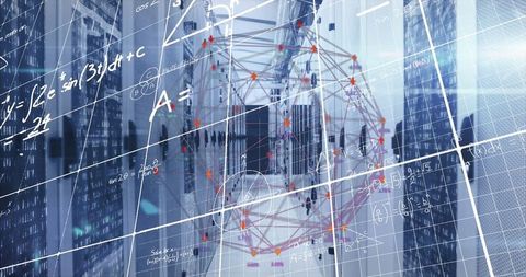 Futuristic data center displaying holographic mathematical equations