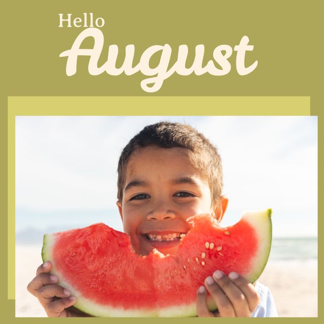 Digital composite of portrait of cute asian boy eating watermelon against sea and hello august text. fruit, healthy, childhood, happy, holiday and summer concept.