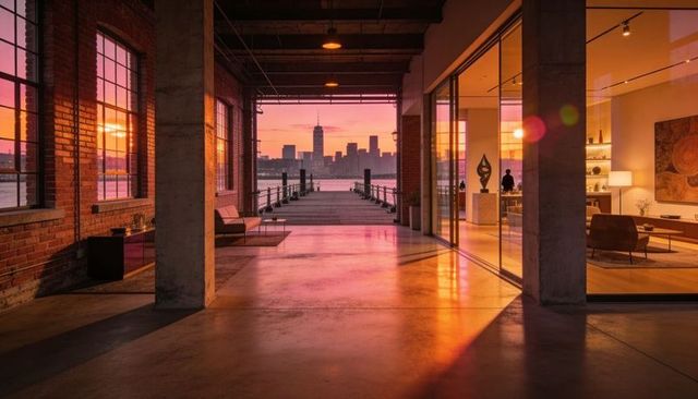 Loft corridor framing waterfront pier at sunset, silhouetting city skyline and interior