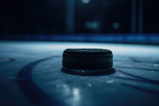 A hockey puck rests on the ice in a dimly lit arena, with copy space. Spotlighting emphasizes the puck, symbolizing anticipation before a game.