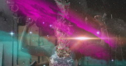 Woman lifting dumbbells in cosmic nebula gym ambiance