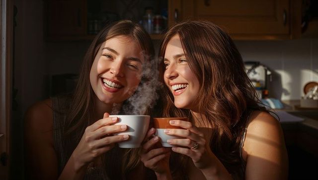 Smiling friends holding steaming mugs in sunlit kitchen sharing cozy morning conversation
