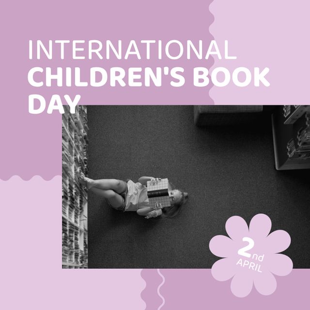Young girl lying on floor, reading book to celebrate International Children's Book Day. Use this for educational materials, book promotions, library events, and reading campaigns.