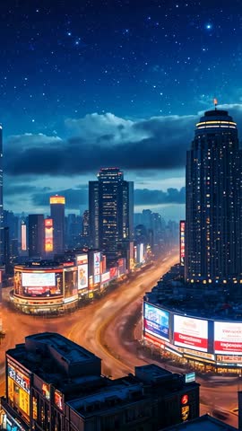 Vertical Night Cityscape Showing Cycling Billboards and Golden Light Trails Over Busy Boulevard