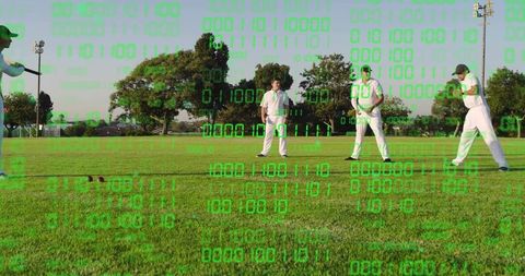 Cricket team practicing on outfield with digital binary overlay representing analytics