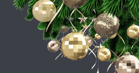 Festive Christmas Tree with Golden Baubles and Decorations