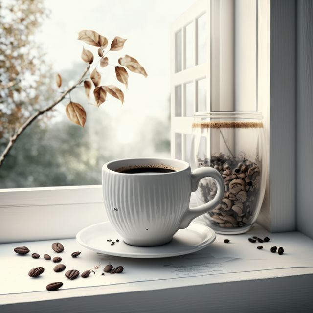 A white coffee cup sits on a windowsill, bathed in warm sunlight with a jar of coffee beans beside it. Scattered coffee beans add a touch of charm to the serene morning scene. Ideal for themes related to relaxation, morning routines, autumn coziness, and warm beverages.