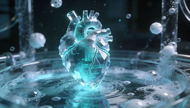 Glowing crystalline anatomical heart hovering over lab glass basin futuristic biotech
