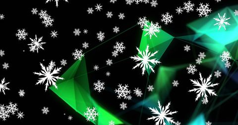 Digital Snowflakes with Abstract Green Shapes on Black Background