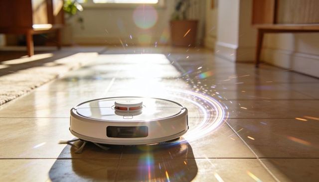 White robot vacuum gliding on sunlit tile floor with lidar turret and motion trails