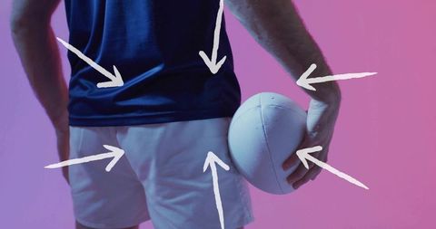 Male athlete holding white ball at hip with graphic arrows on pink blue gradient