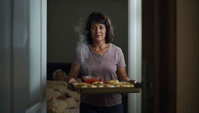 Woman carrying steaming tray of soup and biscuits into bedroom for elderly parent