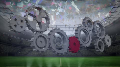 Gears Turning in Stadium with Colorful Falling Confetti