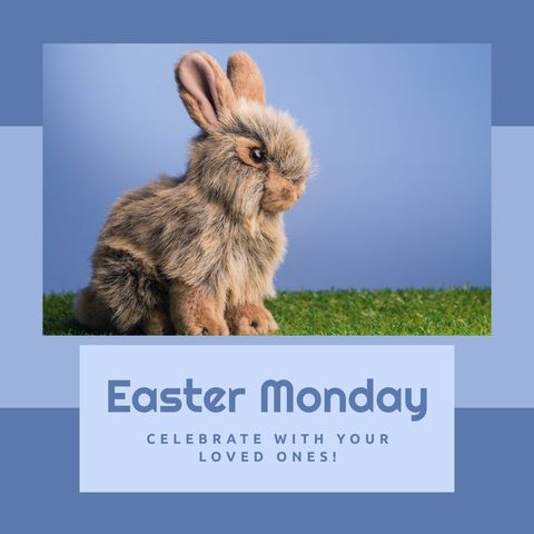Fluffy Toy Rabbit on Grass with Easter Monday Greeting - Download Free Stock Templates Pikwizard.com