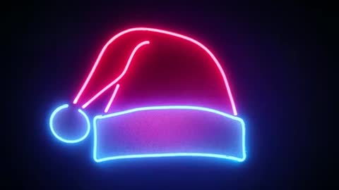 Neon Santa Hat Sign Pulsing Red and Cyan Glow Against Dark Wall Holiday Loop