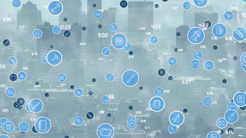 Digital Interface Overlay with Data Icons on Cityscape Background