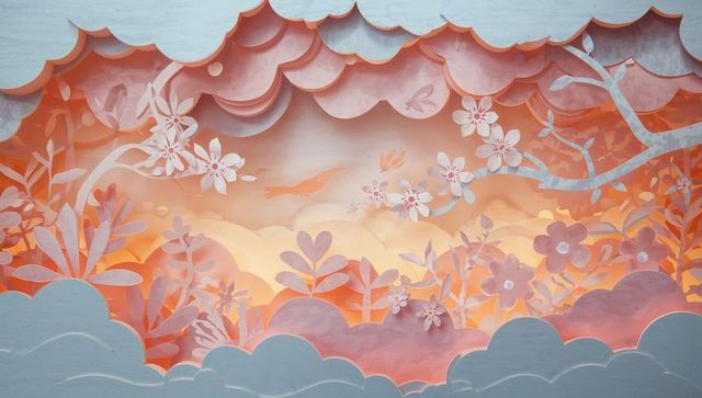Glowing backlit paper-cut floral diorama with layered scalloped clouds and pastel glow