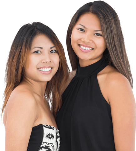 Two Sisters Smiling Together Wearing Stylish Black Outfits on Transparent Background