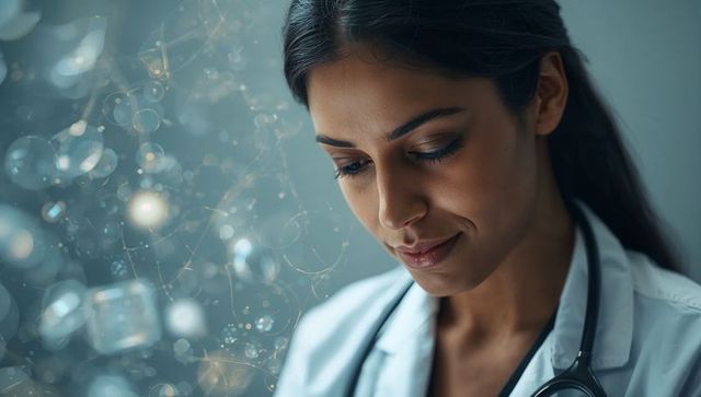 Female doctor gazing with molecular overlay for clinical research and ai diagnostics