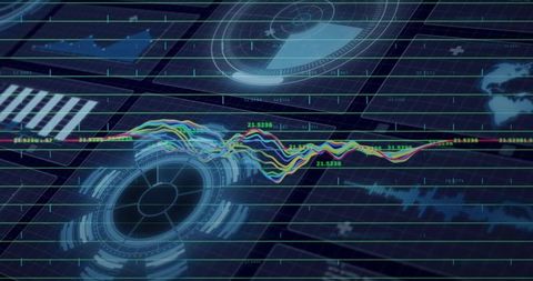 Futuristic Data Visualization with Multicolor Wavy Line Chart and Circular HUD Interface