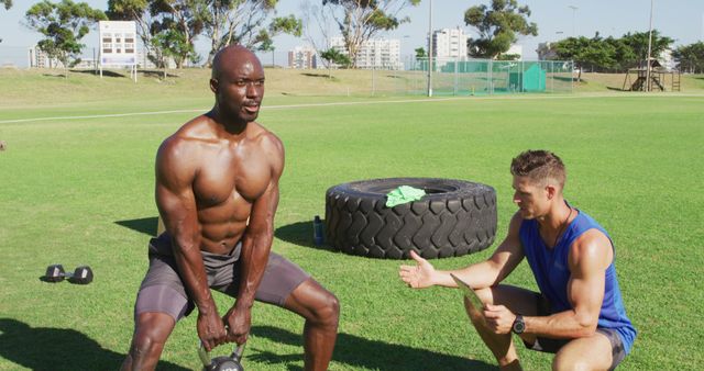 Two diverse fit men exercising outdoors, one squat lifting kettlebells while the other times him. cross training for fitness at a sports field.