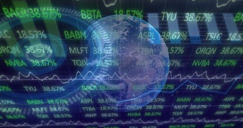 Translucent 3d earth overlaying futuristic trading hud showing neon stock tickers and data
