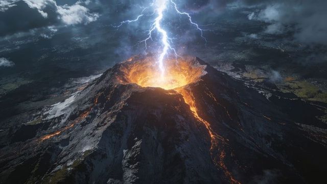 Lightning striking molten lava, volcano crater glowing over dramatic night landscape