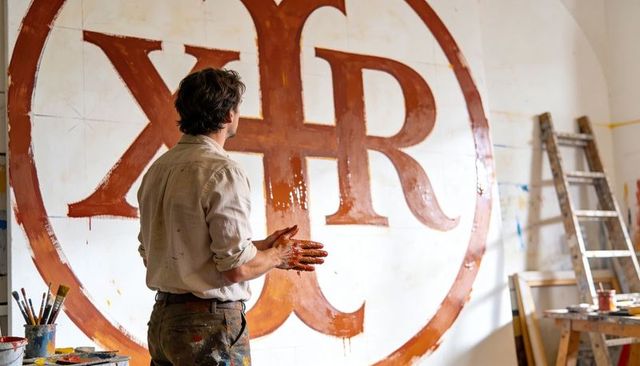 Painter standing facing rust-red monogram mural while preparing brushwork in studio