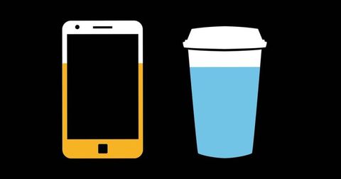 Smartphone and coffee cup icons on black minimalist lifestyle
