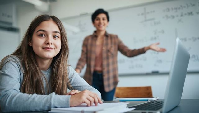 Teen student engaged in high school algebra class with lively teacher