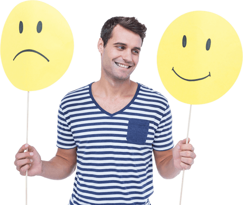 man holding yellow transparent smile and frown signs - Download Free Stock Videos Pikwizard.com