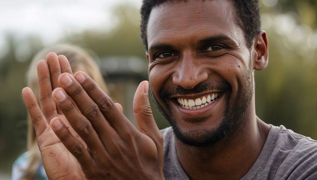 Smiling man clapping hands at backyard gathering, candid outdoor portrait
