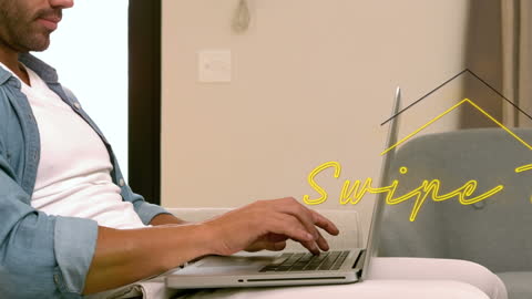 Caucasian Man Using Laptop with Overlay Swipe Animation