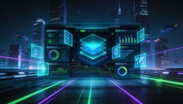 Holographic data dashboard hovering over neon city roadway with 3d layered analytics