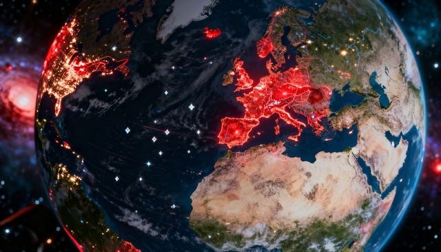 Global Cyber Network Visualization Highlighting Europe Red Overlays and Satellite Waypoints