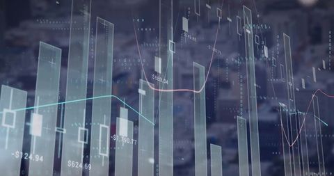 Abstract representation of financial graphs and charts with a dark blurred background. Ideal for presentations on financial data analysis, economic forecasts, and digitized financial systems. Suitable for illustrating concepts related to business analytics, technology-driven investments, and global connectivity in international markets.