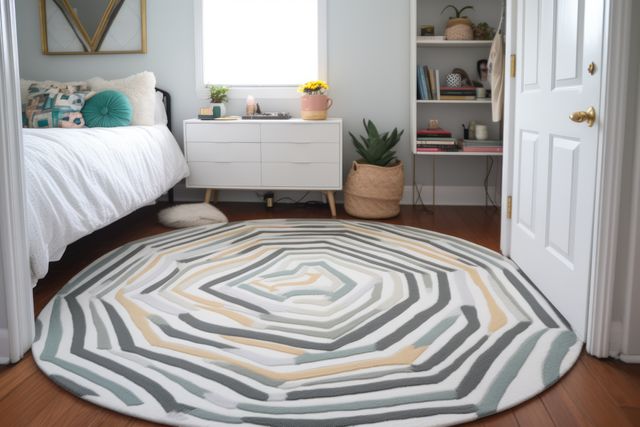 White round rug with colourful pattern on floor in bedroom, created using generative ai technology. House interior design, decorations and textile concept digitally generated image.
