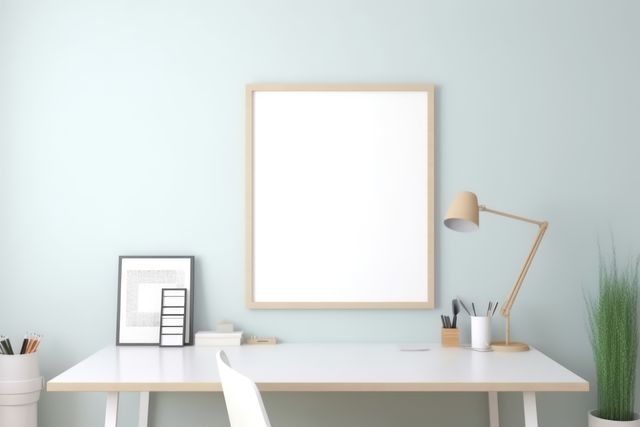 Empty wooden frame with copy space in office on blue wall, created using generative ai technology. Office, workplace and interior design concept digitally generated image.