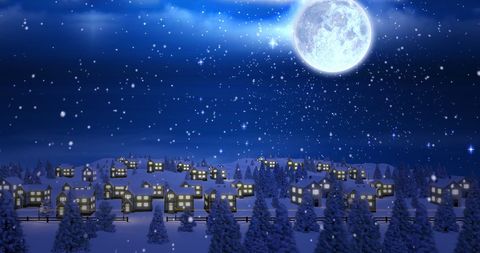 Santa Flying Over Snowy Village Under Full Moon