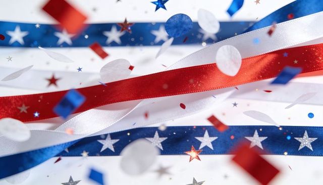 Red White Blue Satin Ribbons and Falling Confetti for Fourth of July Celebration