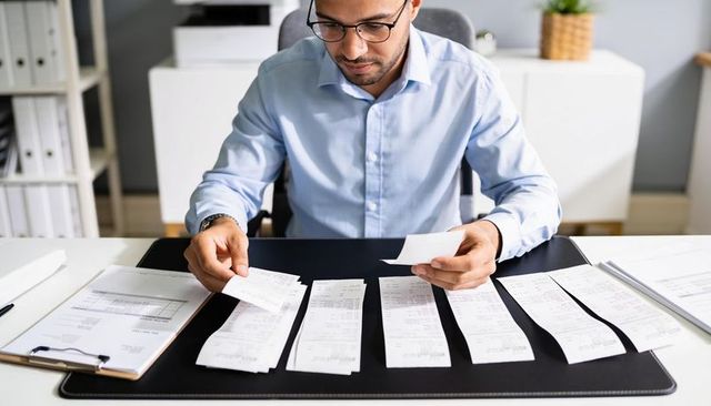Organizing receipts at desk for expense tracking, accounting and budget management