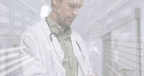 Doctor Examining Holographic Medical Data with Stethoscope Using Augmented Reality HUD