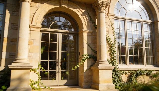 Sunlit stone entrance with arched double doors, classical columns and climbing ivy