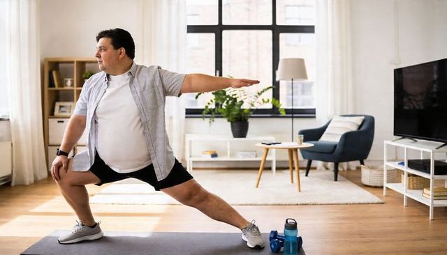 Man performing wide lunge stretch in sunlit living room with dumbbells and water bottle