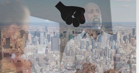 African American Businessman Analyzing Cityscape with Digital Hand Icon Overlay