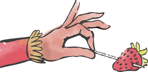 Hand pinching fresh strawberry skewer on transparent background