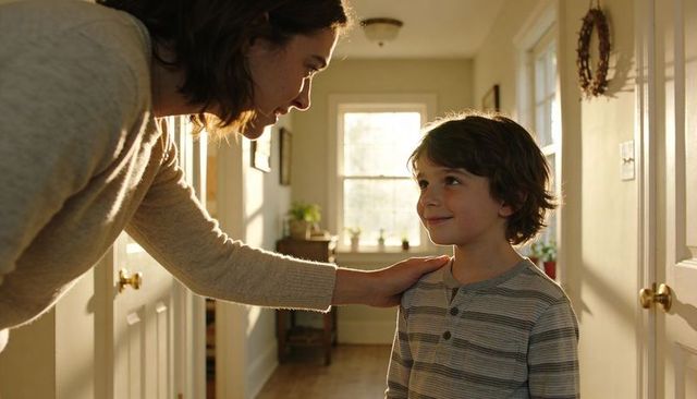 Sunlit hallway parent comforting child, morning warmth and tender family bond at home