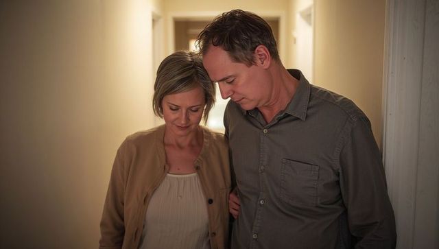 Midlife couple linking arms in narrow hallway sharing quiet companionship, calm warmth