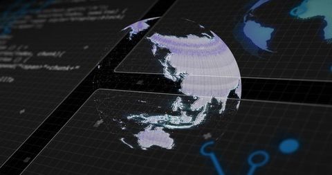 Rotating holographic 3d globe showing asia-pacific with data overlay and futuristic ui